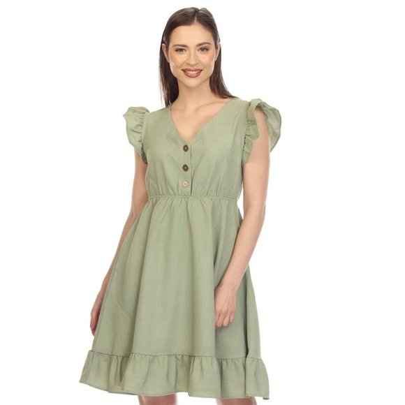 NEW CASUAL KNEE LENGTH A-LINE SOLID DRESS WITH BUTTON ACCETNS & V-NECK #322 - Picture 1 of 8